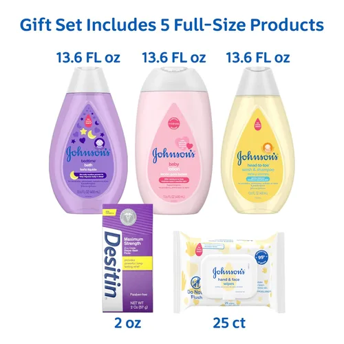 Vista 4 de Johnson's Baby Aquí Viene Bebé - Set de regalo para bebés, esenciales para nuevos padres con loción hidratante, baño relajante, gel de baño