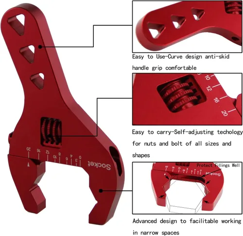Vista 3 de AN3-20 Llave AN compacta ajustable de aluminio Llave universal con mango corto (rojo, AN3-AN20)