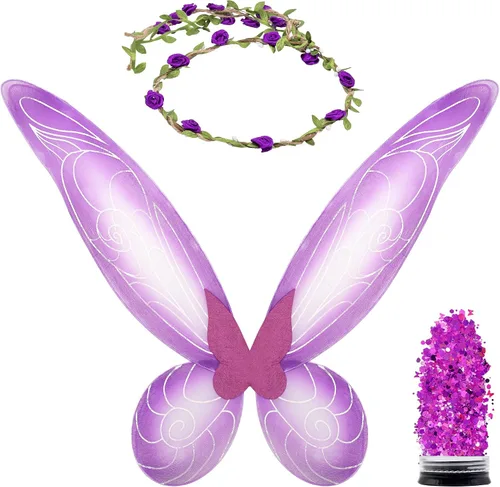 Vista 10 de Funcredible Alas de hada, corona y purpurina, accesorios de disfraz de hada, disfraz de mariposa, disfraces de Halloween para mujer