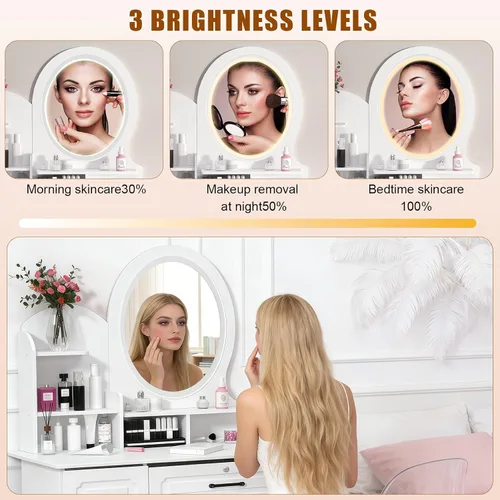 Vista 4 de Escritorio de tocador con espejo LED, 3 modos de iluminación de brillo ajustable, espejo de maquillaje con 4 cajones, tocador para dormitorio
