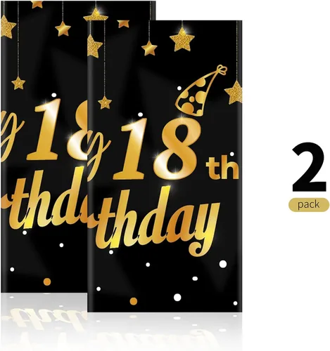 Vista 4 de Ruisita Paquete de 2 manteles rectangulares de color negro y dorado para fiestas de cumpleaños de 18 años, manteles de fiesta de cumpleaños