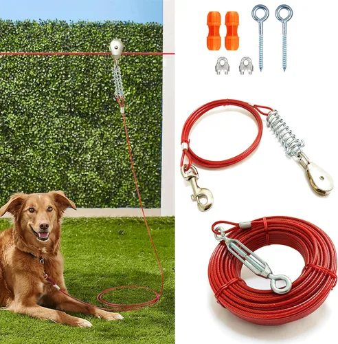 Vista 2 de Sistema de carretilla aérea resistente para perros pequeños a grandes, cable de funcionamiento de 100 pies/75 pies con cable de pasillo de 10 pies