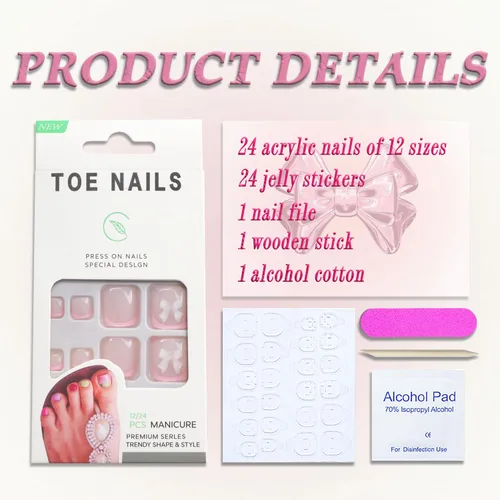 Vista 3 de Lindas uñas postizas a presión con punta francesa rosa, uñas postizas cuadradas de cobertura completa con diseños de dijes de lazo, uñas acrílicas
