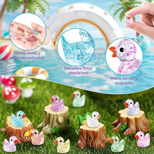 Vista 4 de DULEFUN 100 piezas mini patos con purpurina coloridos pequeños de resina para ocultar figuras de animales de plástico para casa de muñecas, micro