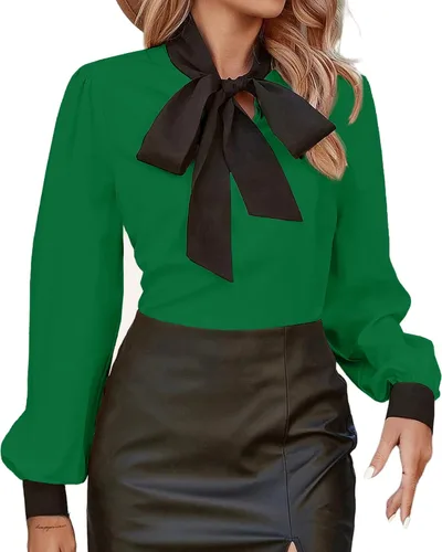 Vista 25 de Avanova - Camisas de manga larga abullonada con cuello de lazo para mujer, blusas casuales de trabajo
