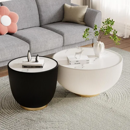 Vista 20 de Mesa auxiliar redonda de 29.53 pulgadas, mesas de cóctel modernas con textura vertical decorativa, mesas centrales de cuenco negro de 29.53