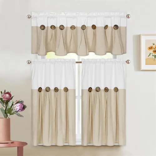 Vista 2 de Cortinas de cocina estilo bohemio, con bolsillo para cortinero, cortinas cortas con botones rústicos, tratamiento de mezcla de algodón campestre