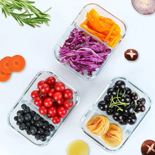 Vista 7 de M MCIRCO - Paquete de 10, 30 onzas, 2 compartimentos de vidrio para preparación de comidas con tapas Divided Glass Food Storage Containers