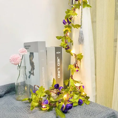 Vista 5 de Guirnalda de luces de simulación de rosas colgantes, guirnalda de plantas de seda, flores artificiales de seda, funciona con pilas, para decoración