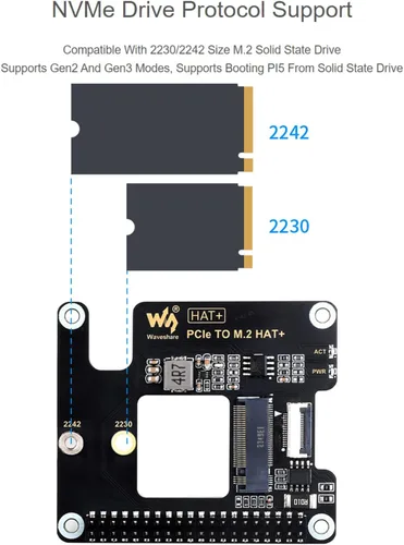 Vista 4 de Adaptador PCIe a M.2 para Raspberry Pi 5, compatible con protocolo de unidad NVMe compatible con unidad de estado sólido M.2 tamaño 2230/2242