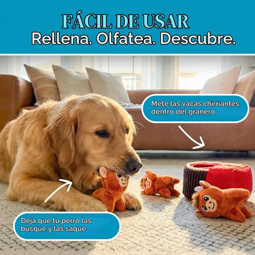 Vista 4 de Outward Hound Hide-A-Cow - Juguete para perro, rompecabezas interactivo 2 en 1 de peluche con granero y 3 vacas chirriantes de las tierras altas