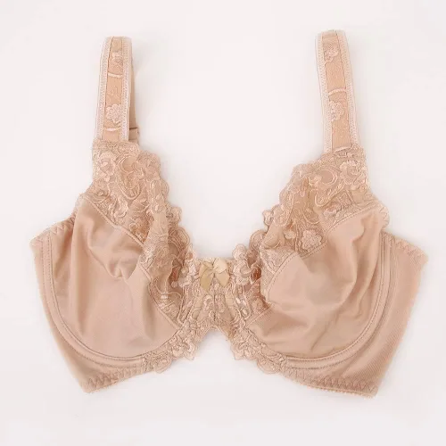 Vista 7 de TELIMUSSTO Brasier con aros de encaje floral de cobertura completa para mujer, talla grande, sin relleno, cómodo Beige