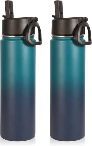 Vista 12 de Volhoply Botellas de agua aisladas de 22 onzas con tapa con popote, botella deportiva de acero inoxidable con asa, vasos de agua de viaje de metal