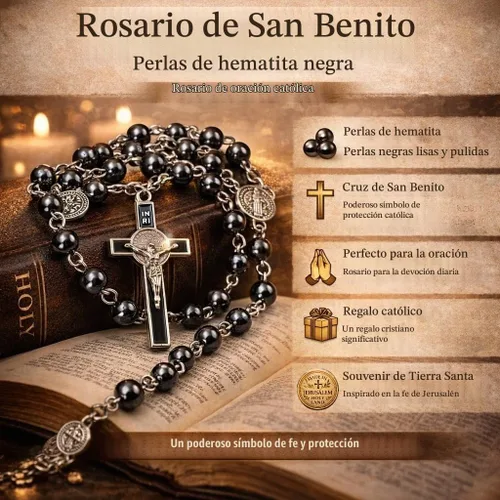 Vista 5 de TALISMAN4U Collar con rosario católico, cuentas de hematita negra, medalla de San Benito y caja de regalo de cruz, Hematita
