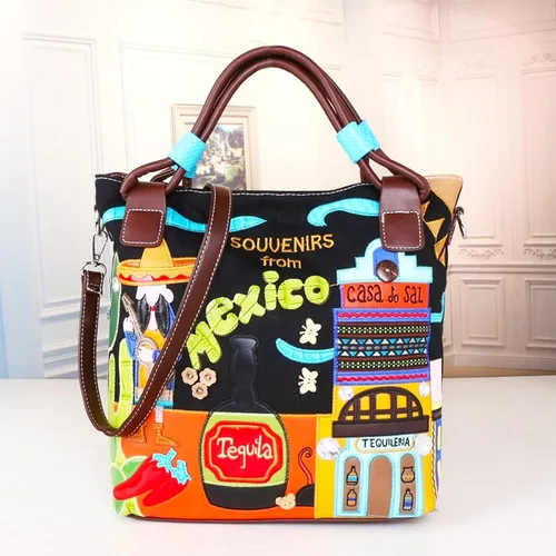 Vista 5 de Bolso tote para mujer, bolso de hombro de color, bolsa de lona bordada a mano, bolsa cruzada adecuada para ocasiones importantes, trabajo, viajes