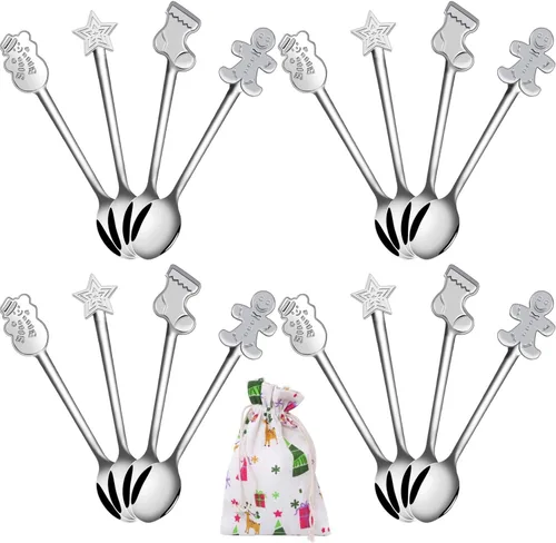 Vista 9 de Aneco Juego de 12 mini cucharas navideñas de acero inoxidable para café, té, sopa de azúcar, postre condimento, helado