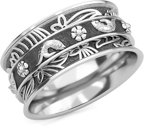 Vista 17 de Shop LC 925 Sterling Silver Boho Spinner Fidget Anxiety Ring for Women 3 rayas.
