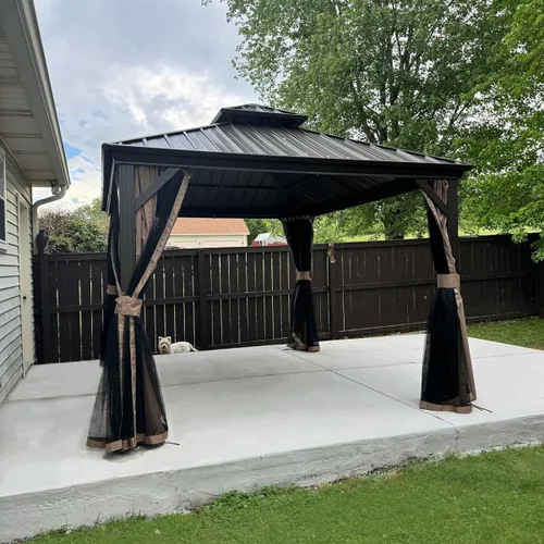 Vista 2 de Domi - Cenador de techo rígido de 8 x 8 pies con malla y cortinas, cenador para exteriores con techo doble de acero galvanizado para patio, césped