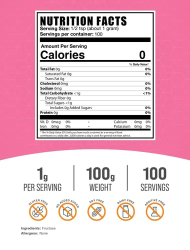 Vista 2 de BulkSupplements.com Polvo de Fructosa - Azúcar de Fructosa, Edulcorante Cero Calorías - Grado Alimentario y Sin Gluten, 1g por Porción, 100g