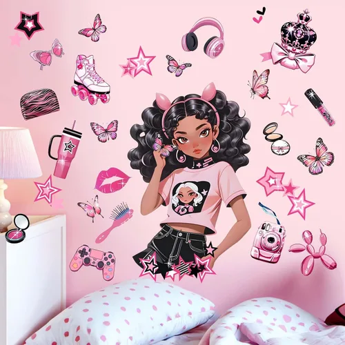 Vista 7 de Adhesivos de pared para dormitorio para niñas negras: calcomanías africanas americanas de mariposa inspiradoras de pelar y pegar - decoración