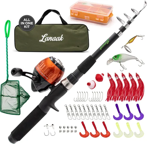 Vista 7 de Lanaak Caña de Pescar para Niños, Juego de Caña de Pescar Telescópica Portátil para Niños, Kit Combo de Caja de Aparejos y Red de Pesca, Equipo