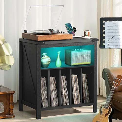 Vista 5 de Soporte grande para tocadiscos con estación de carga y luces LED, soporte de almacenamiento de discos de vinilo negro con capacidad para hasta 230
