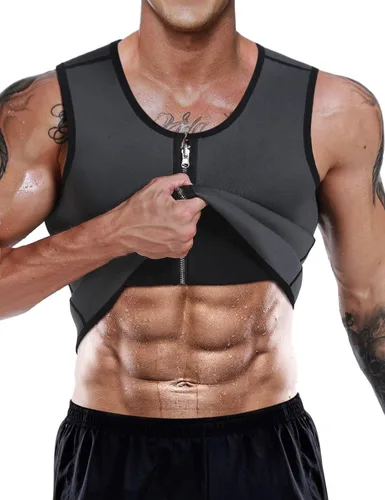 Vista 7 de Chaleco de sauna para hombre, entrenador de cintura, moldeador de cuerpo, neopreno caliente, deporte, fitness, gimnasio, entrenamiento, camiseta sin