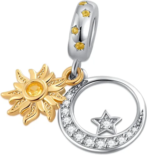 Vista 2 de Amuleto celestial de oro con forma de estrella y luna para pulsera Pandora, Metal, Base