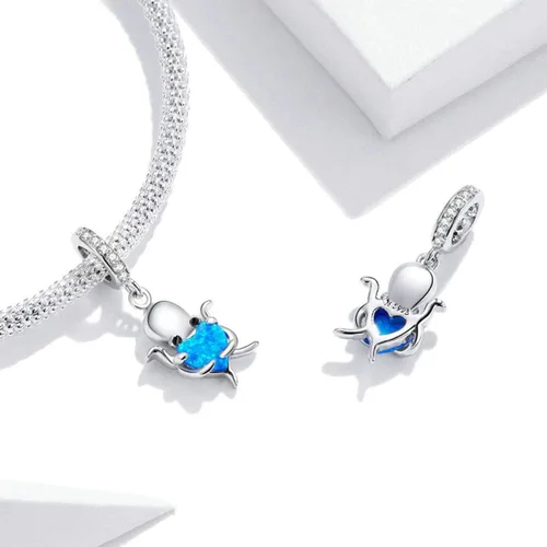 Vista 3 de Dije de tortuga marina de plata de ley 925 con diseño de pez y estrella de mar para pulsera Pandora