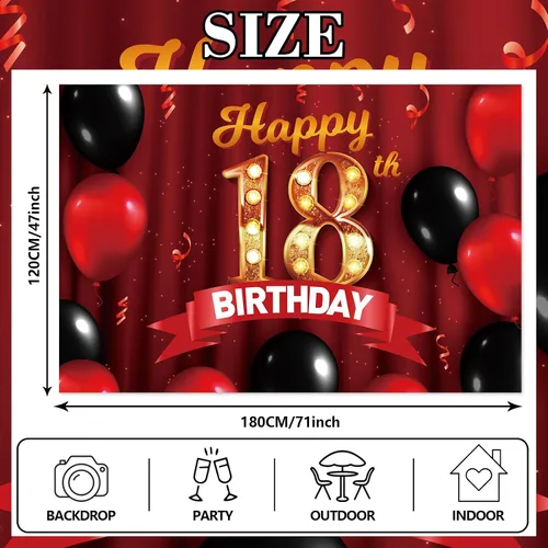 Vista 2 de Cartel rojo de feliz cumpleaños 18 años, telón de fondo dorado con globos rojos y negros, decoración temática para niñas y mujeres, princesa de 18