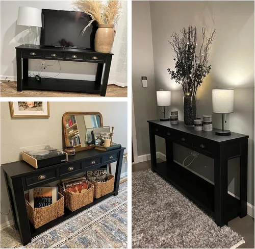 Vista 5 de kinbor Mesa consola larga para sofá, mesa de sofá de madera, mesas de entrada con 4 cajones y estante de almacenamiento para entrada, pasillo, sala