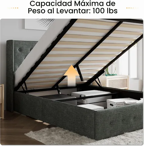 Vista 8 de SHA CERLIN Base de cama de tamaño completo con almacenamiento abatible, cabecera abombada con botón acolchado, plataforma tapizada, almacenamiento