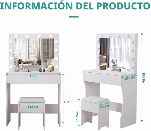 Vista 5 de Vabches Tocador de maquillaje con luces, Mesa tocador de maquillaje, Brillo ajustable, Cajón grande tocador resistente para dormitorio estudio