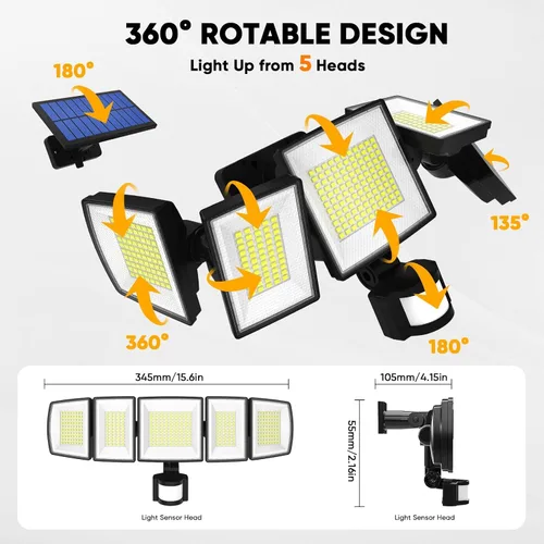 Vista 8 de MDCMDCM Luces solares de movimiento para exteriores, con cable de 16.4 pies, luces LED de seguridad de 3000 lm para exteriores del atardecer al