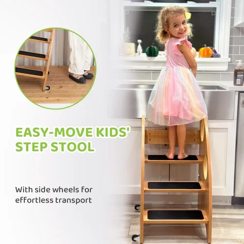 Vista 2 de StrongTek - Taburete con ruedas y asas de seguridad, torre de pie de madera de 3 niveles, silla convertible con escalones antideslizantes, capacidad