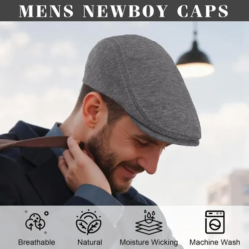 Vista 5 de Senker Fashion - Paquete de 2 gorras Newsboy para hombre, ajustables, de espiga, de tweed, de mezcla de lana, gorra plana Ivy, gorra de taxista