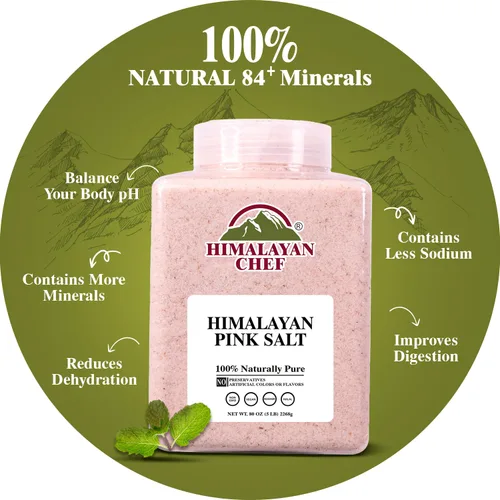 Vista 4 de Himalayan Chef Sal rosa, grano fino, 80 onzas (5 libras), sin OMG, 84 minerales, tarro de plástico