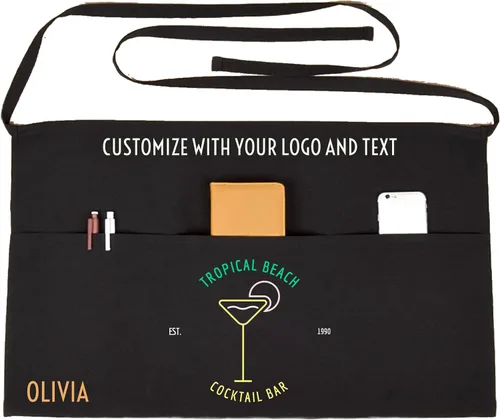 Vista 2 de SonaGear Delantal profesional para camarera con bolsillos, delantal de cintura negra para hombres y mujeres, medio delantal de 3 bolsillos