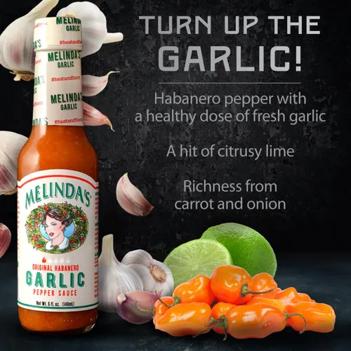 Vista 2 de Melinda's Salsa picante habanero de ajo - Salsa picante hecha con pimientos habaneros, ajo, zanahorias y cebolla - Keto, vegano, salsa picante sin
