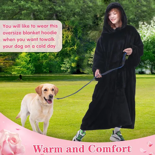 Vista 5 de Waitu - Sudadera tipo manta, para regalar a hombre o mujer, muy cálida y acogedora, gigantesca, con capucha, de gruesa franela, con mangas y un Negro