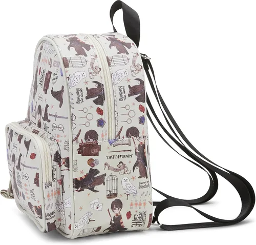 Vista 2 de Harry Potter Wizarding World Magic Mini mochila con estampado de iconos Hogwarts Allover de 10.5 pulgadas, correas ajustables, piel sintética