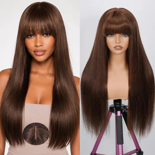 Vista 20 de Straight Human Hair Wigs with Bangs 180% Density 2x4 Lace Front Wigs with Bangs Closure Wear and Go Glueless Wigs 100% Brazilian Virgin Human Hair