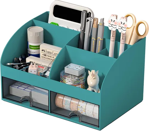 Vista 10 de Organizador de escritorio con 6 compartimentos y 2 cajones, organizador de maquillaje de plástico, soporte para bolígrafos para almacenamiento