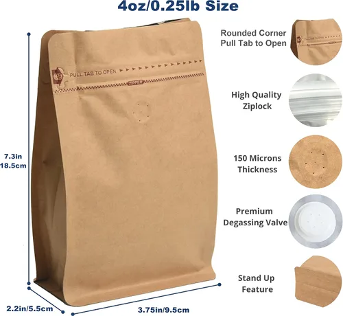 Vista 2 de Bolsas de café de papel kraft – Kraft de alta barrera y forro de aluminio – Bolsas de café de fondo plano con válvula de desgasificación, bolsas