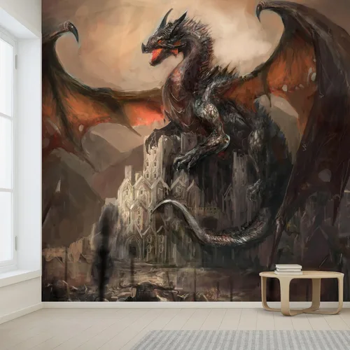 Vista 2 de wall26 Adhesivo mural de pared, hermoso guerra con el dragón en el castillo, no se pega ni se pega, papel tapiz no tejido decorativo para Obra