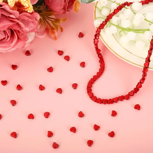 Vista 4 de Whaline 600 cuentas de corazón rojo amor corazón espaciador cuentas de día de San Valentín acrílico forma de corazón cuentas con cuerda elástica