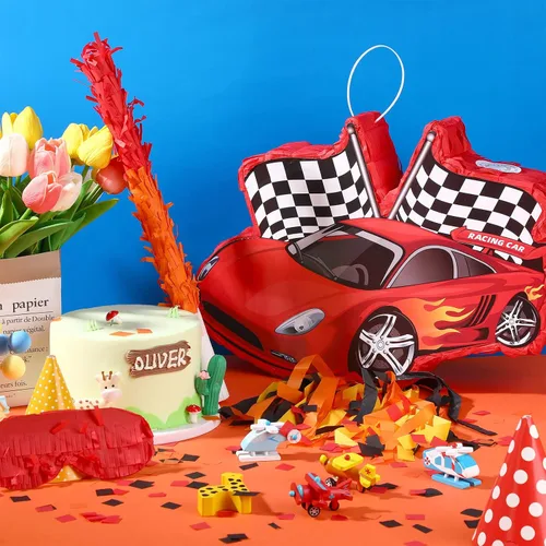 Vista 5 de Piñata de coche de carreras, suministros de recuerdo de fiesta, piñata con bate de los ojos vendados, 16.6 x 12.4 x 3.3 pulgadas, recuerdo de fiesta