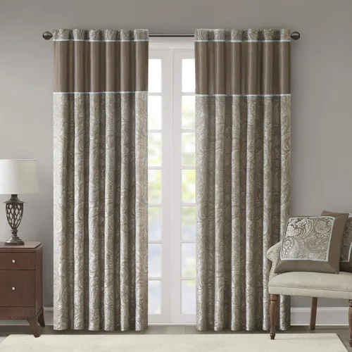 Vista 18 de Madison Park Cortina jacquard de paisley de seda sintética, con bolsillo para barra con forro de privacidad para sala de estar, cocina, dormitorio