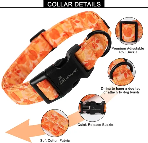 Vista 4 de Aring Pet Collar de algodón, ligero y ajustable, con hebilla de liberación rápida, para perros pequeños, medianos y grandes, otoño, naranja, hojas
