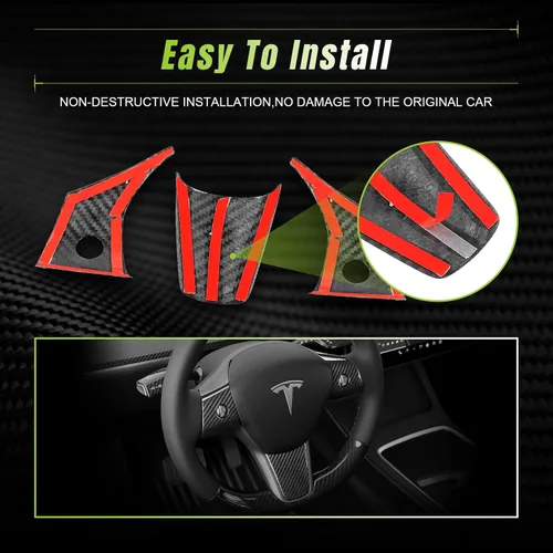 Vista 7 de Funda de Tapacubos de Volante 3 Piezas para Modelo 3&Y 2017-2023, 3K Fibra de Carbono Seca Toray Accesorios Interiores Compatibles con Tesla